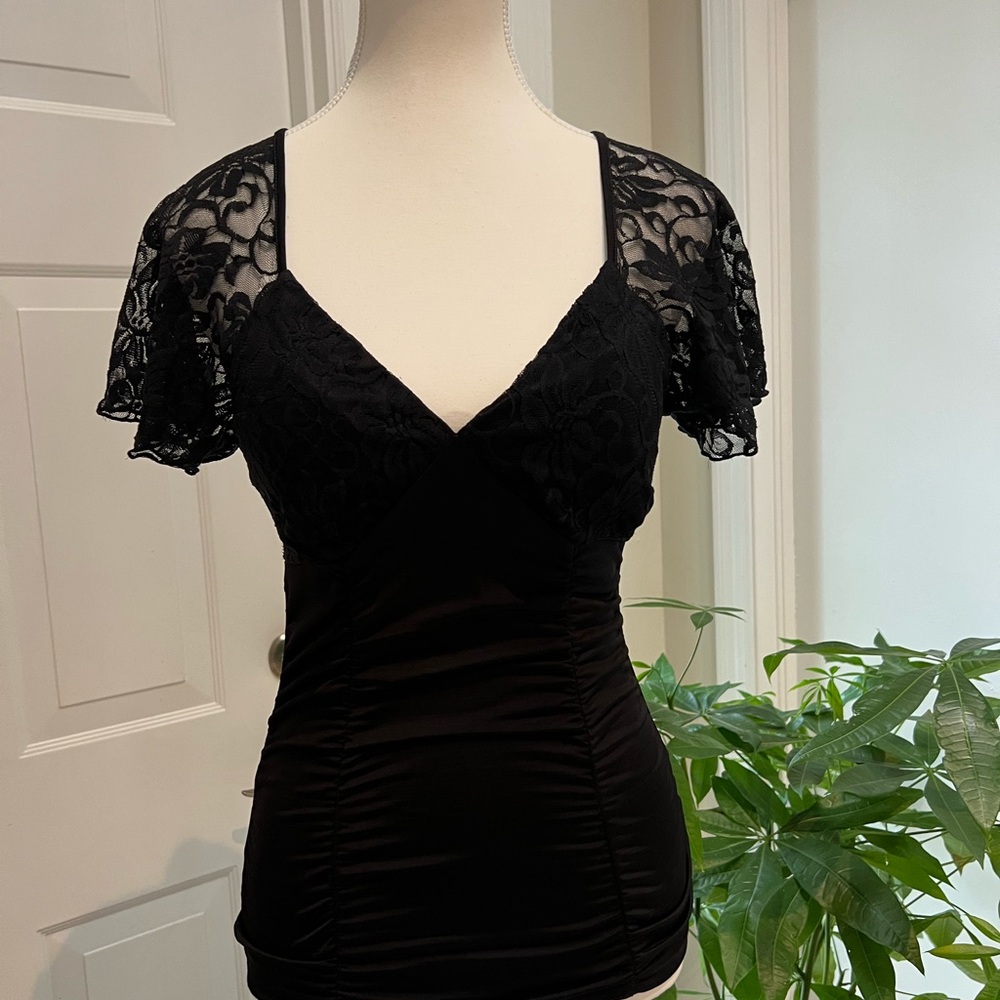 Grass Collection-Black Lace & Ruched Top – Deep V-Neck | Size S